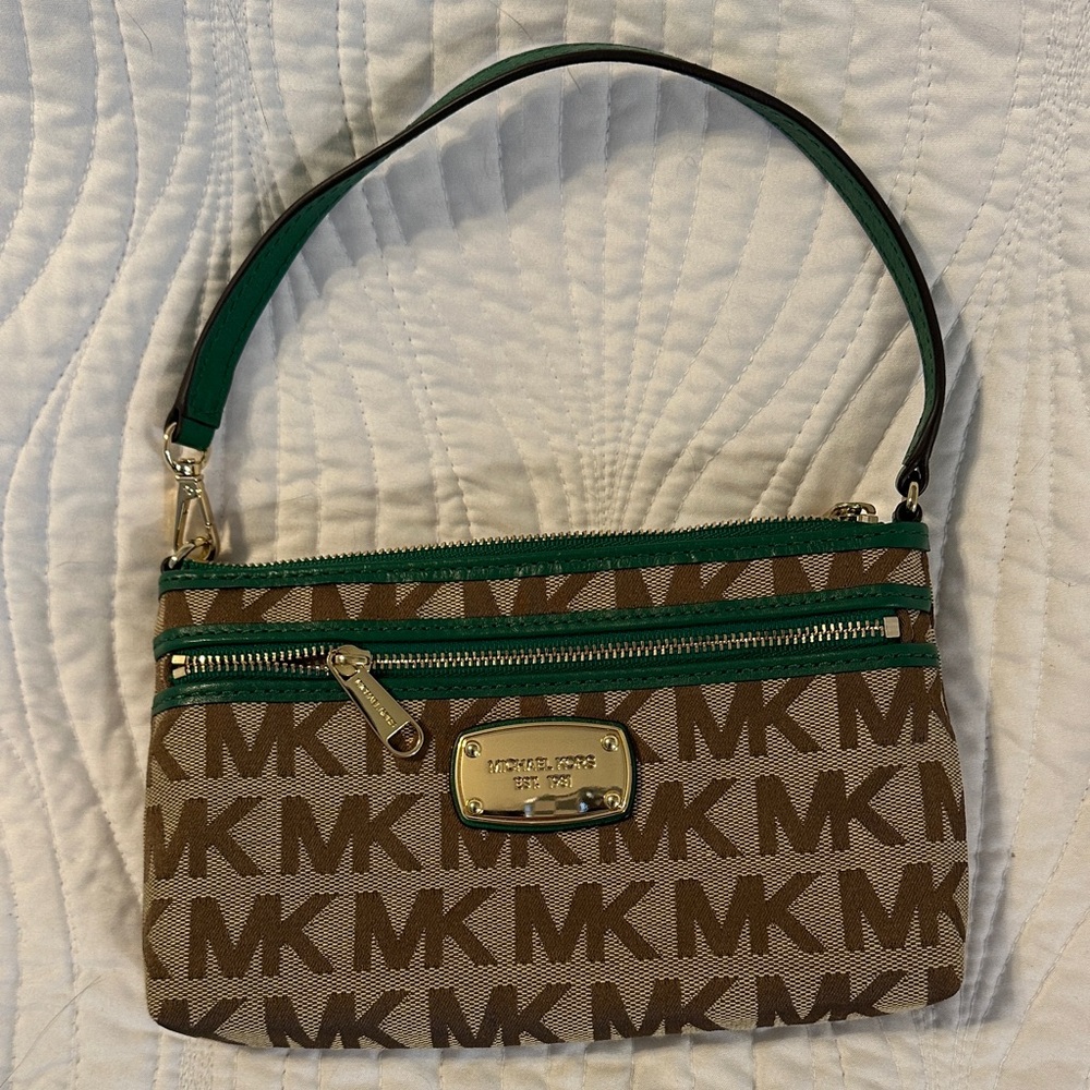 Michael Kors Tan and Green Logo Wristlet